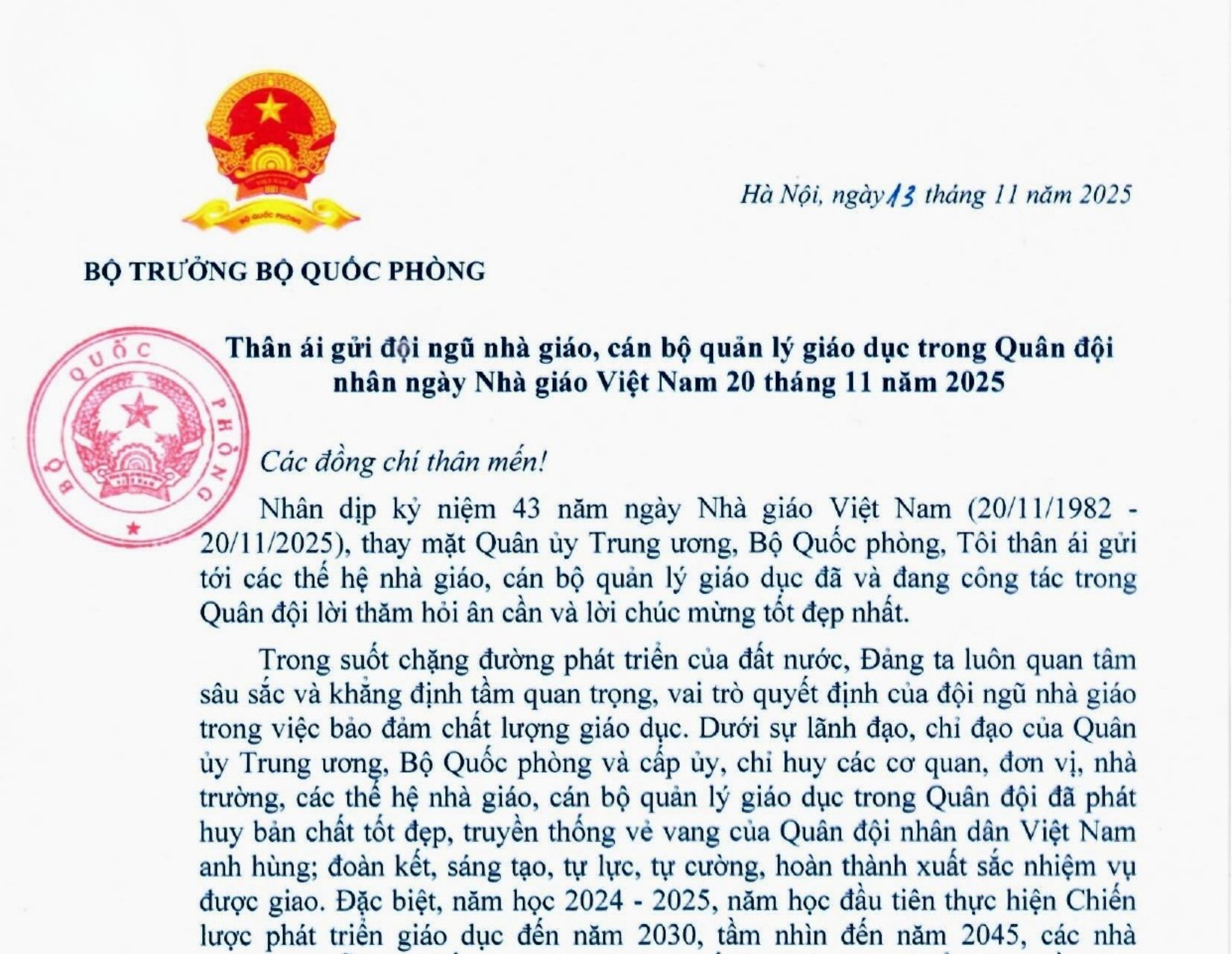 Thư của Bộ trưởng Bộ Quốc phòng chúc mừng cán bộ, giảng viên, giáo viên nhân dịp kỷ niệm ngày Nhà giáo Việt Nam